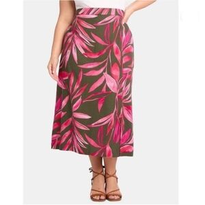 Time and Tru Linen Blend Tropical Pink & Ivy Green Leaf Print A-Line Skirt XXL